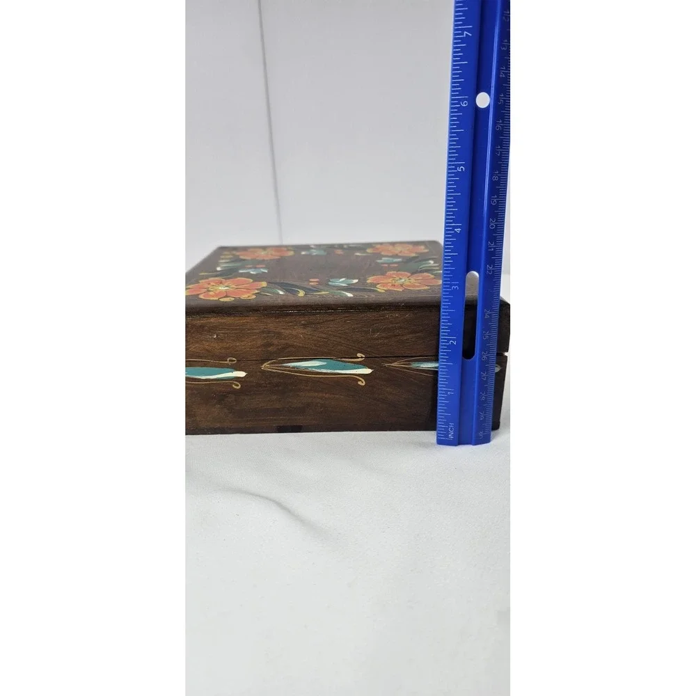 Vintage Hand Painted Wood Trinket Box‎ Floral Folk Art Jewelry Box Hinged Lid